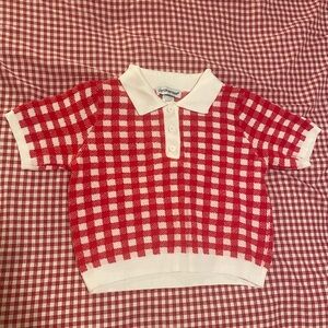 Cotton Emporium Red Gingham Knit Sweater Polo Shirt Cropped